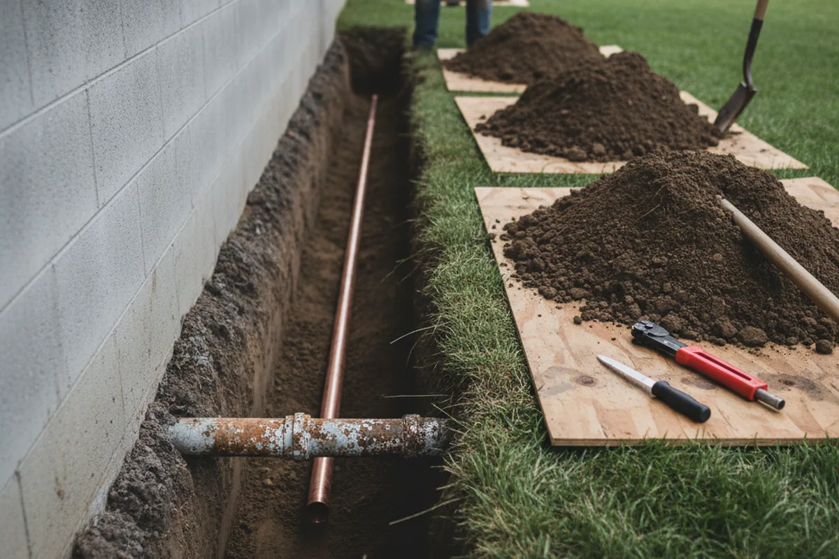 Excavated water line trench during Water Heater Repair in Washougal